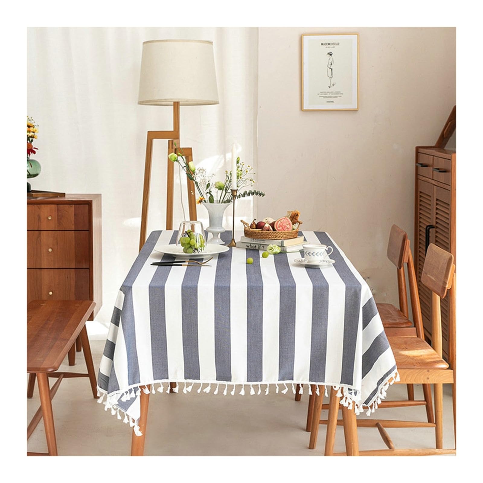 Nappe bleue foncé rayures coton lin de qualité supérieure