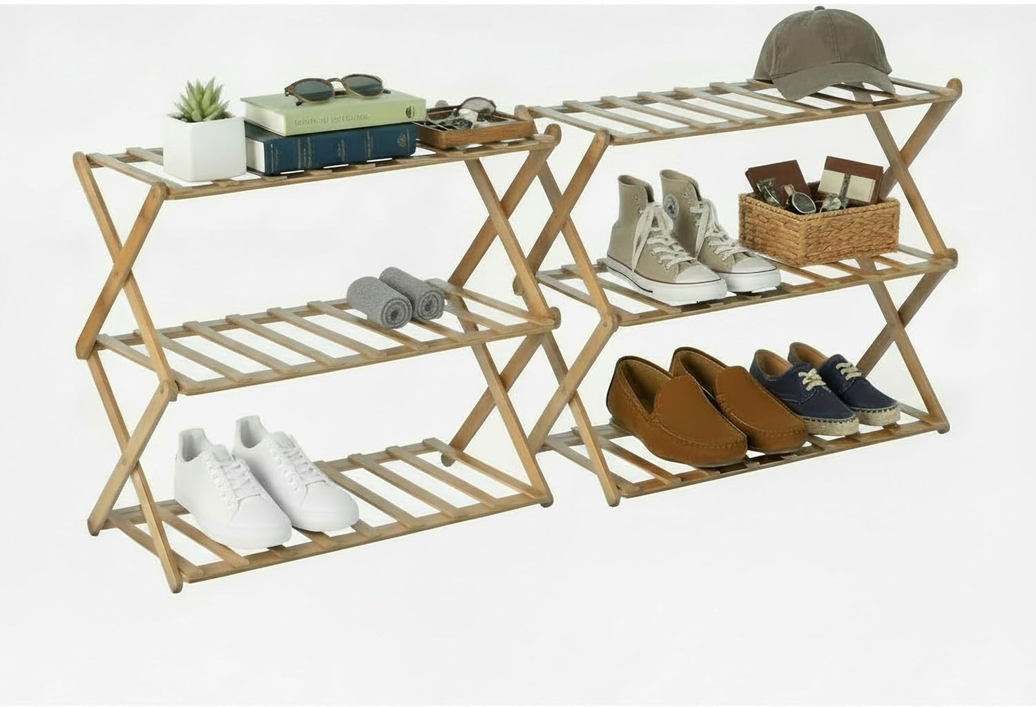 Basicwise Set of 2 Foldable Bamboo Shoe Rack and Storage Shelf Multi-Purpose Wooden Organizer for Entryway Closet or Living Room Space-Saving Stand for Shoes Plants Towels and Home Décor, 4-Tier