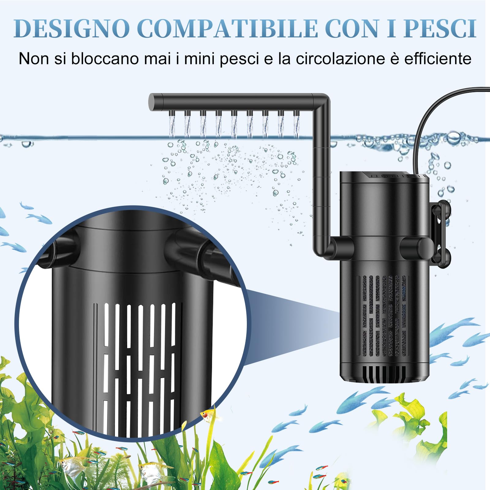 Filtro Acquario Interno, 8W Flusso Regolabile Filtro per Acquario 500 L/H, Pompa Acquario per Acquari da 30 a 120L