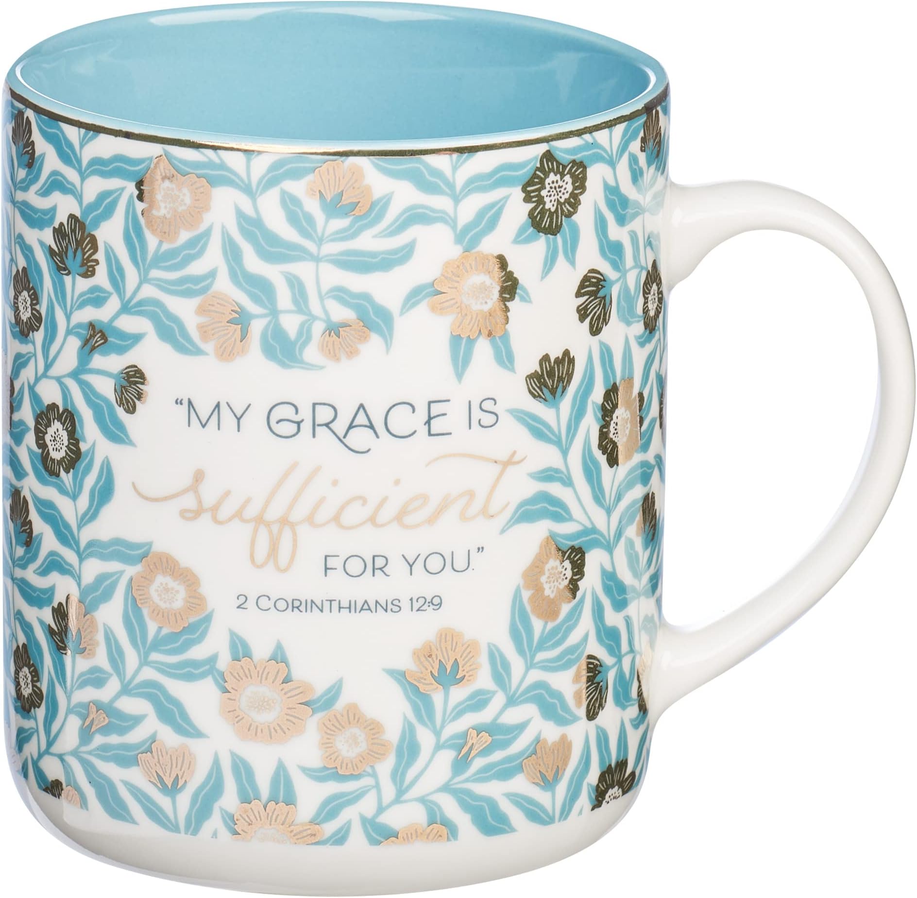 Christian Art GiftsTeal Floral Ceramic Coffee Mug โ 14 oz. Lead and Cadmium-free Inspirational Scripture Coffee and Tea Mug for Women with Bible Verse: My Grace is Sufficient โ 2 Corinthian 12:9