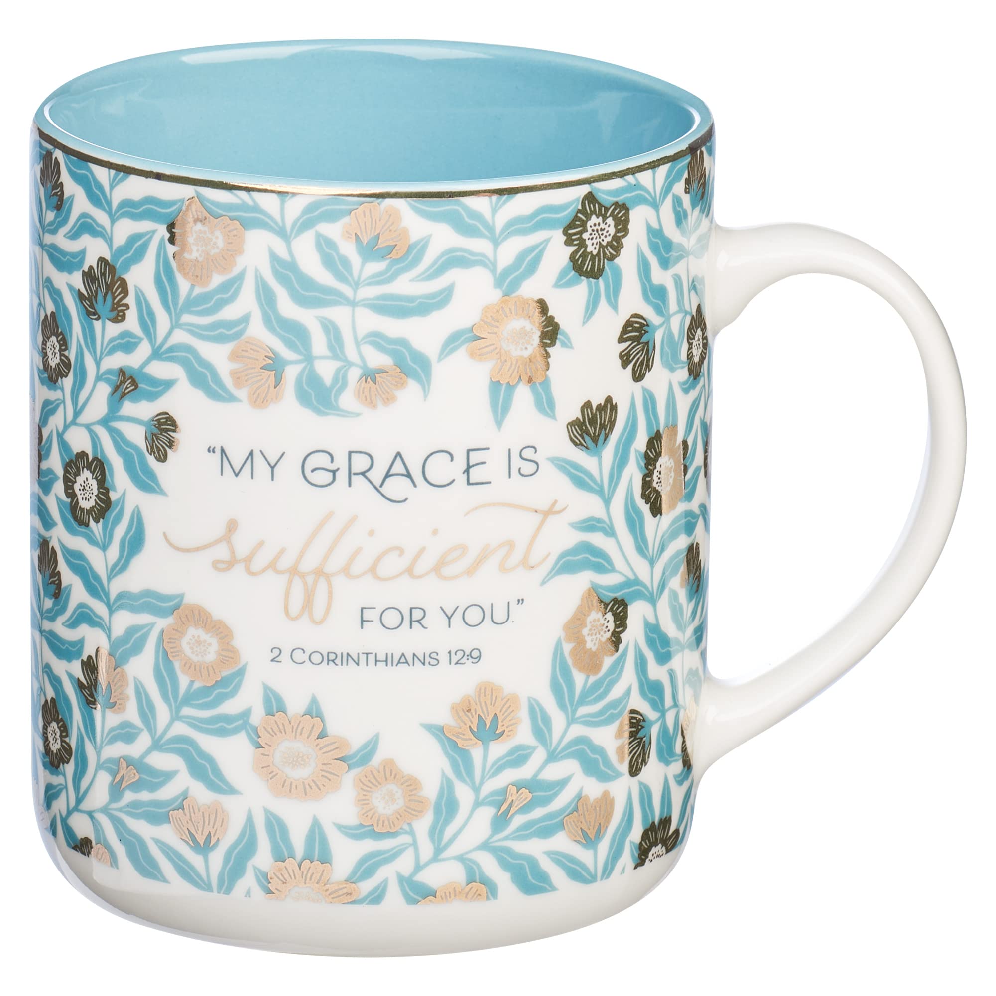 Christian Art GiftsTeal Floral Ceramic Coffee Mug – 14 oz. Lead and Cadmium-free Inspirational Scripture Coffee and Tea Mug for Women with Bible Verse: My Grace is Sufficient – 2 Corinthian 12:9