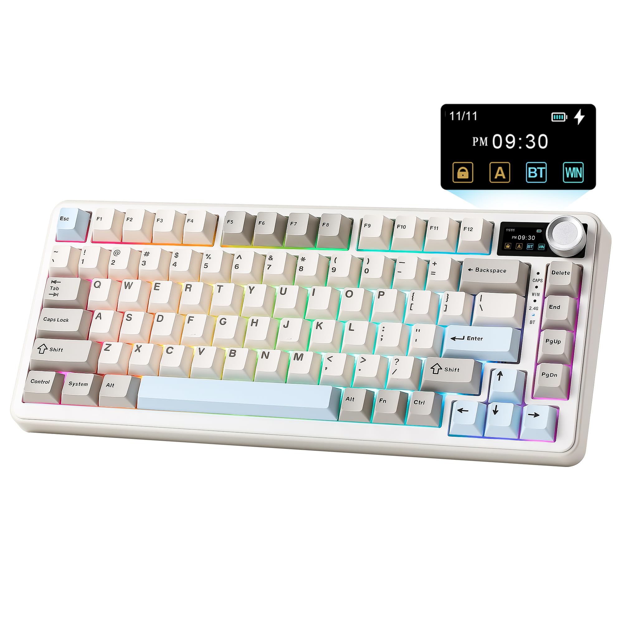 YUNZII B75 PRO MAX QMK/VIA Gaming-Tastatur, 75% Mechanische Tastatur mit Bildschirm und Drehregler,Hot-Swap,Vorgefettete Creamy Switches, RGB, BT/Type-C/2.4G für Win/Mac (Beige, Candy Switch)