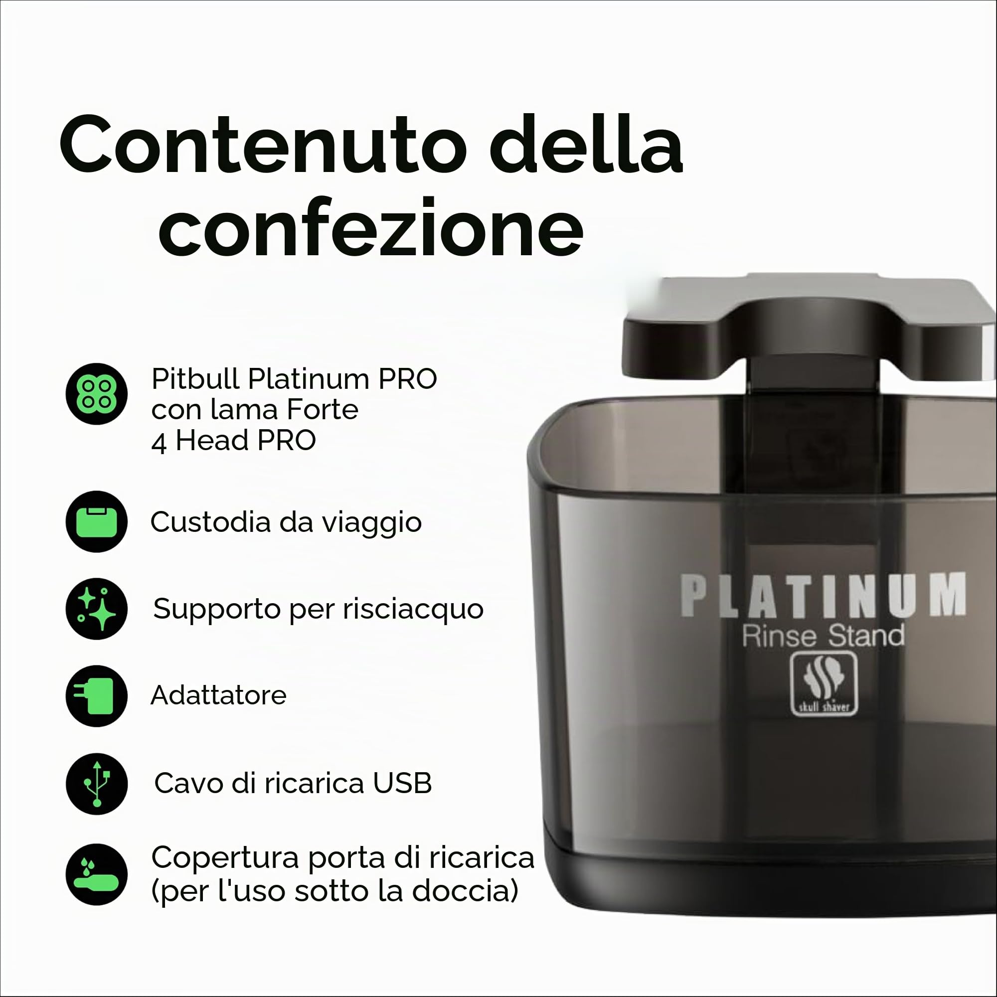Skull Shaver Pitbull Platinum Pro – rasoio elettrico per testa e viso – senza fili, ricaricabile, uso su pelle bagnata o asciutta, manico ergonomico – con supporto risciacquo e custodia da viaggio