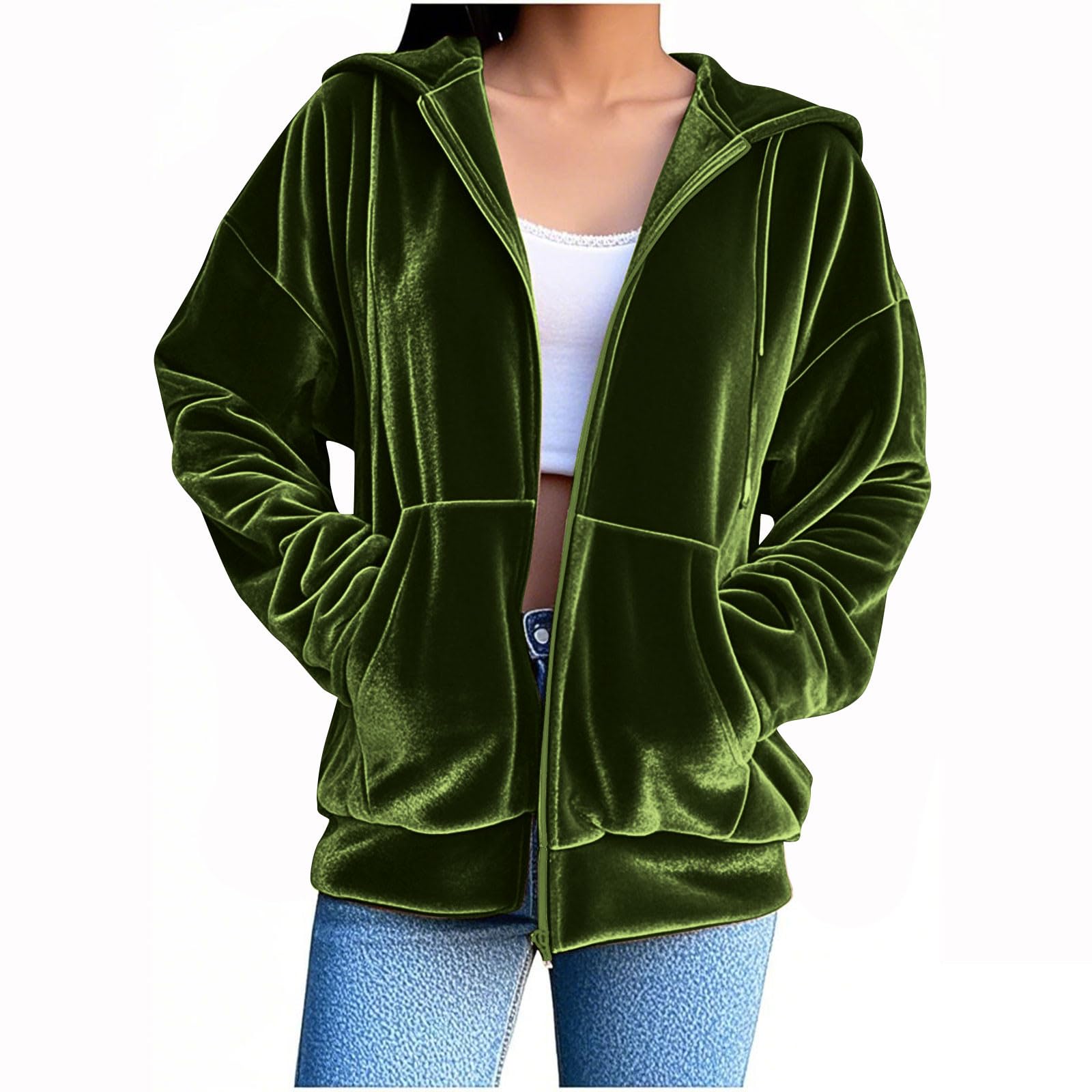Womens Velvet Blazer Jacket Sweatshirts Long Sleeve Zipper Coat with Pockets Business Casual Outwear