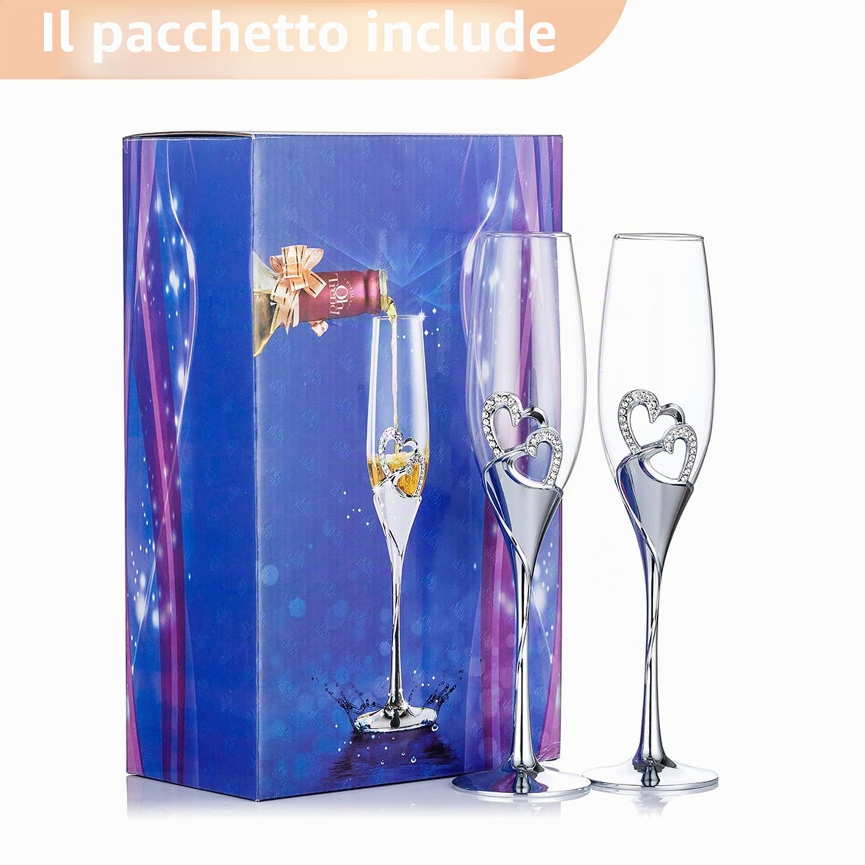 Nuptio Nozze Regalo Argento Bicchieri: Set di 2 Bicchieri Champagne Brindisi Flûte Cristallo Matrimonio Anniversario Feste