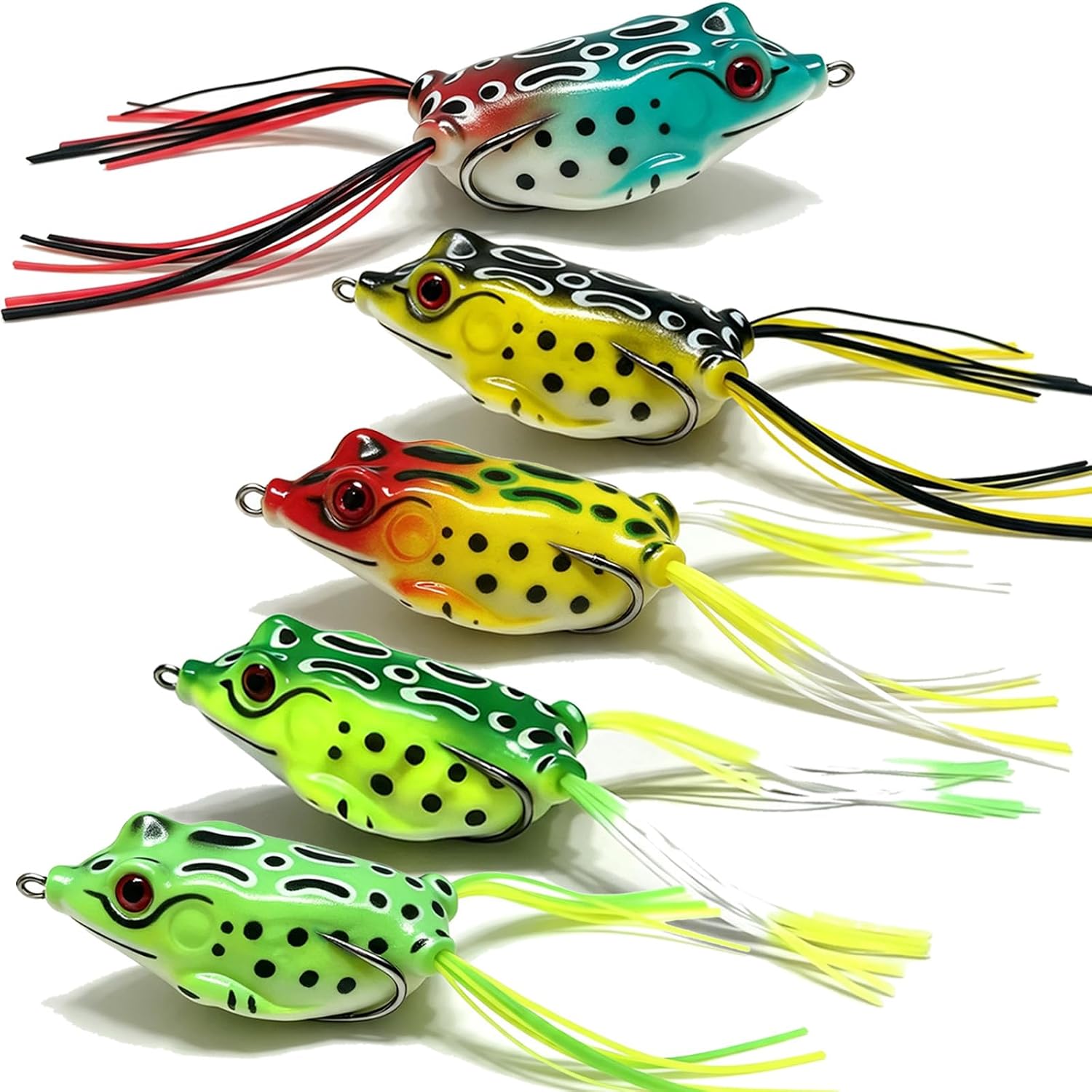 Lifelike Topwater Ray Frog Lures Kit, 5pcs Weedless Floating Soft Frog Baits with Tackle Box, Fishing Lures for Bass, Snakehead, Pike, Musky Freshwater Weed Beds