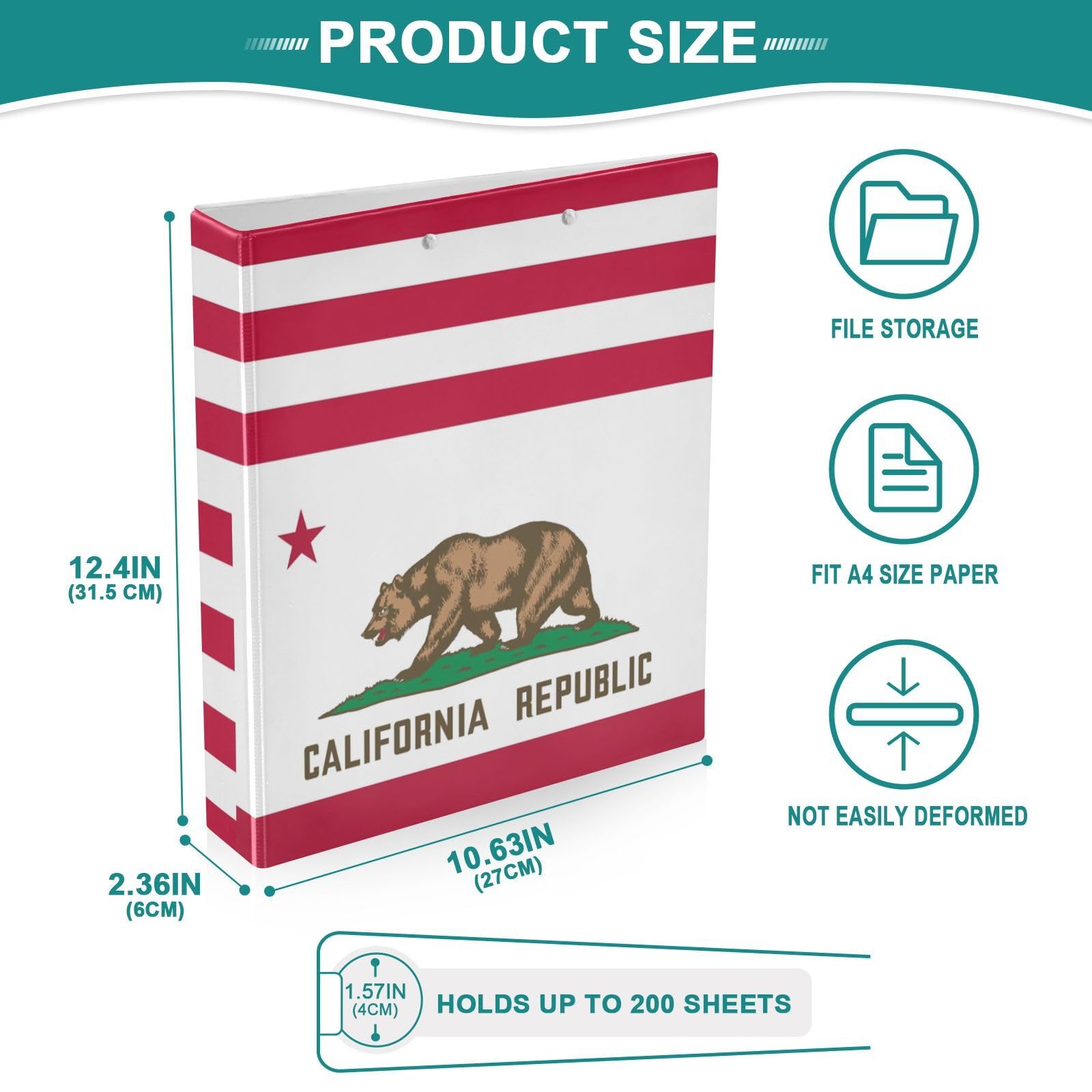 Peystean - Raccoglitore ad anelli rotondo a D da 3,8 cm, con portablocco integrato, copertina rigida stampata su un lato, confezione da 2 bandiere degli Stati Uniti California