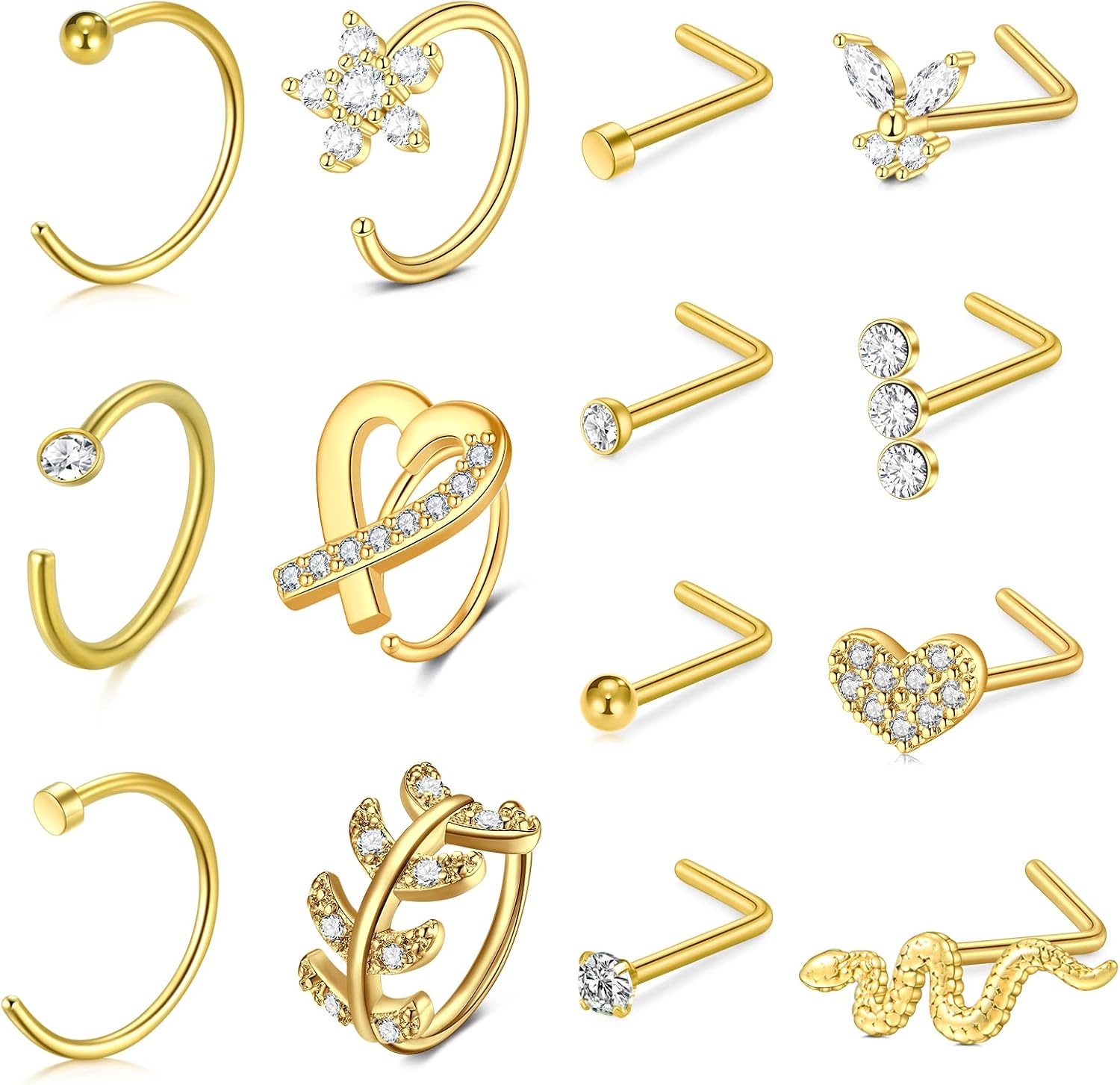 Anicina 20g 22g Nose Rings Studs Surgical Stainless Steel Nose Rings Hoops L Bone Screw Shape Nostril Nose Piercing Jewelry Heart Flower Moon Snake Butterfly Hypoallergenic Nose Screw for Women Men