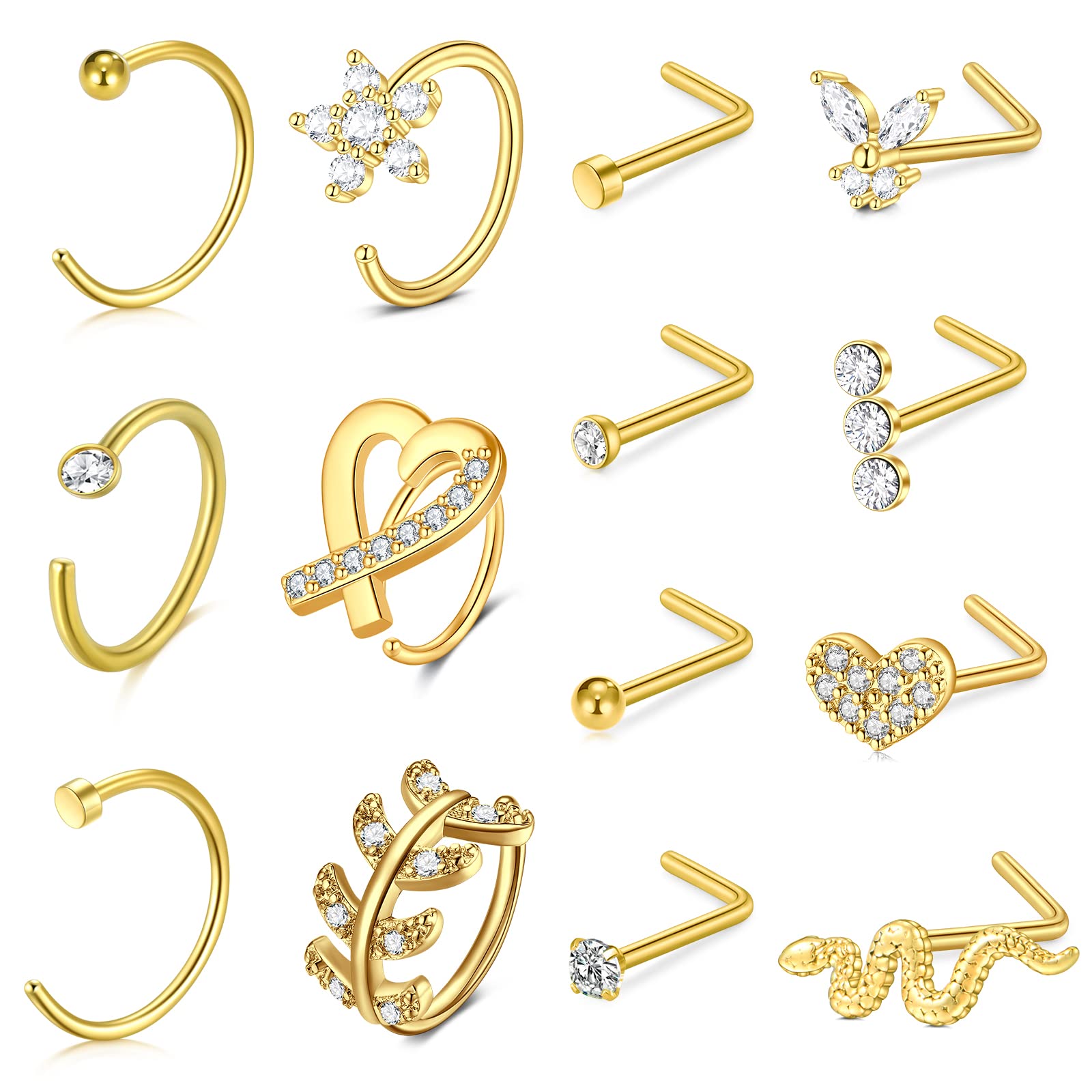 Anicina 20g 22g Nose Rings Studs Surgical Stainless Steel Nose Rings Hoops L Bone Screw Shape Nostril Nose Piercing Jewelry Heart Flower Moon Snake