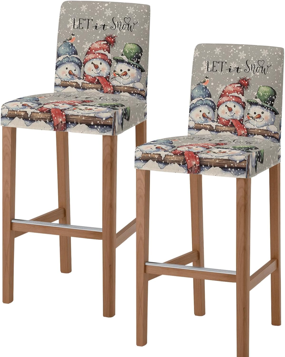 Christmas Bar Stool Chair Covers Set of 2 with Back,Stretch Barstool Slipcovers Washable,Shabby Chic Farmhouse Snowman Winter Snowflake Pub Counter Height/Swivel/Cafe/Dining Room Chairs Seat Cover