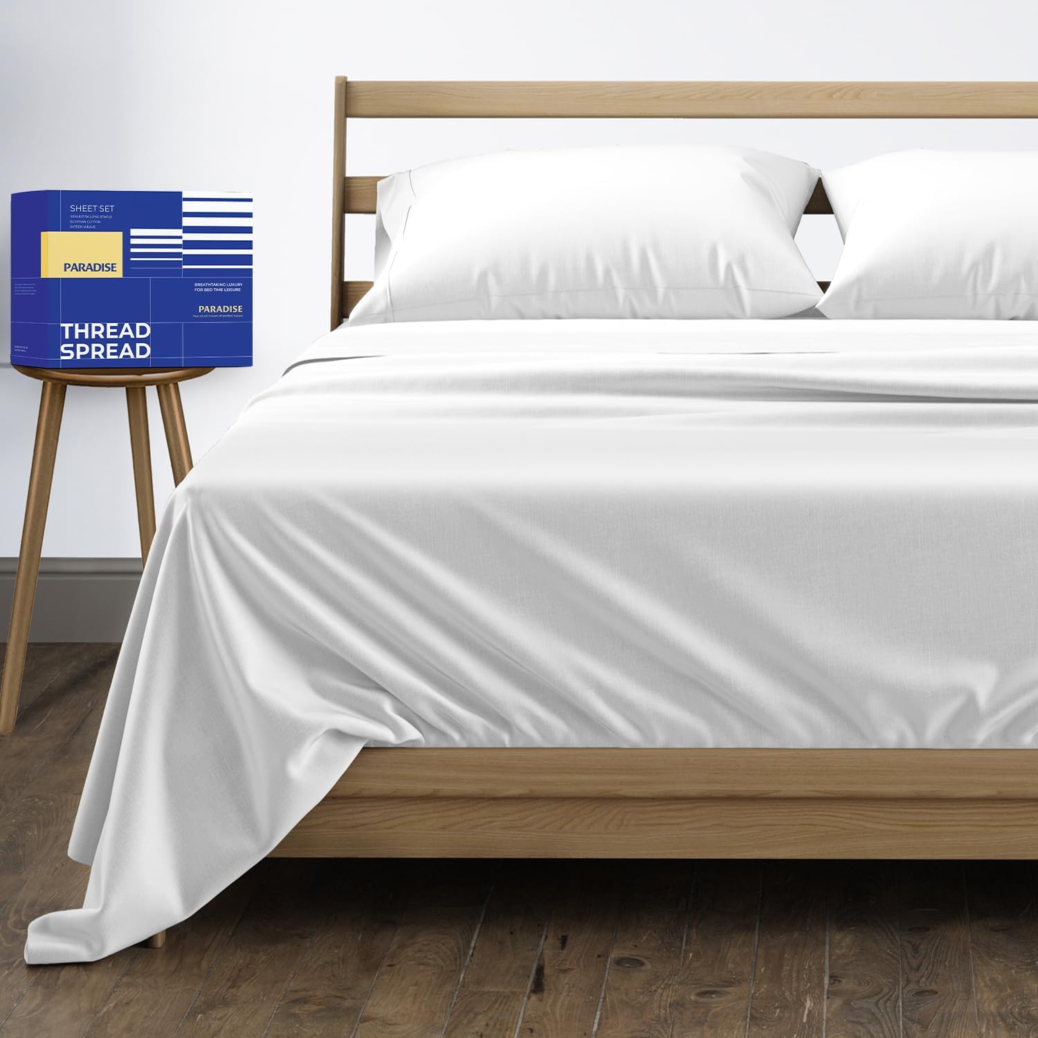 THREAD SPREAD True Luxury 100% Egyptian Cotton - Genuine 1000 Thread Count 4 Piece Sheet Set- Color White,Size Queen - Fits Mattress Upto 18'' Deep Pocket