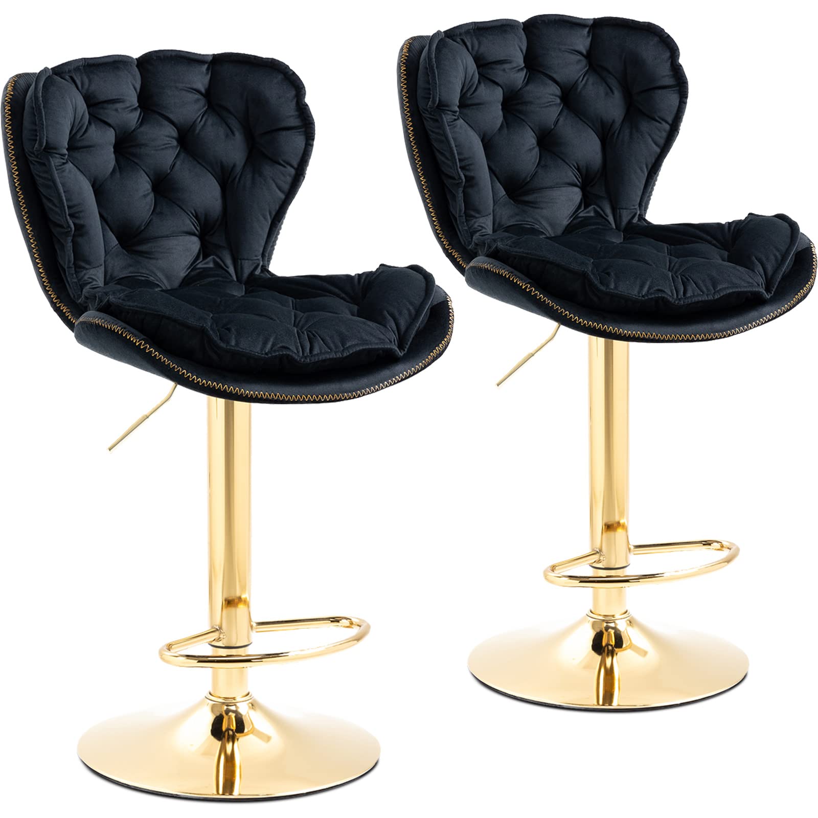 Swivel Black Velvet Bar Stools Set of 2 Bar Chairs Modern Adjustable Counter Height Barstools bar Height illas para barra de cocina Island Stools Gold for Kitchen Breakfast Counter Stools