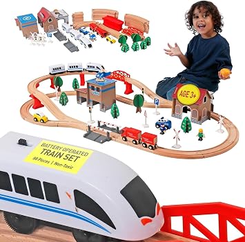 88Pcs Wooden Train Tracks set wooden Railway Train Station Set Electric Train Wooden Train Toys Free Thomas for Kids 3+ Years Old Girls Boys