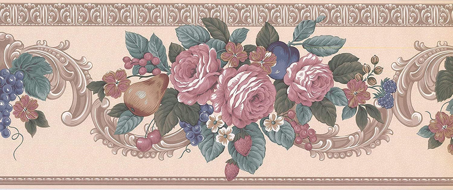 Concord Wallcoverings Vintage Floral Wallpaper Border – Die Cut Edge, 15ft X 10.4in, Black/Green/Pink/Beige/Gold