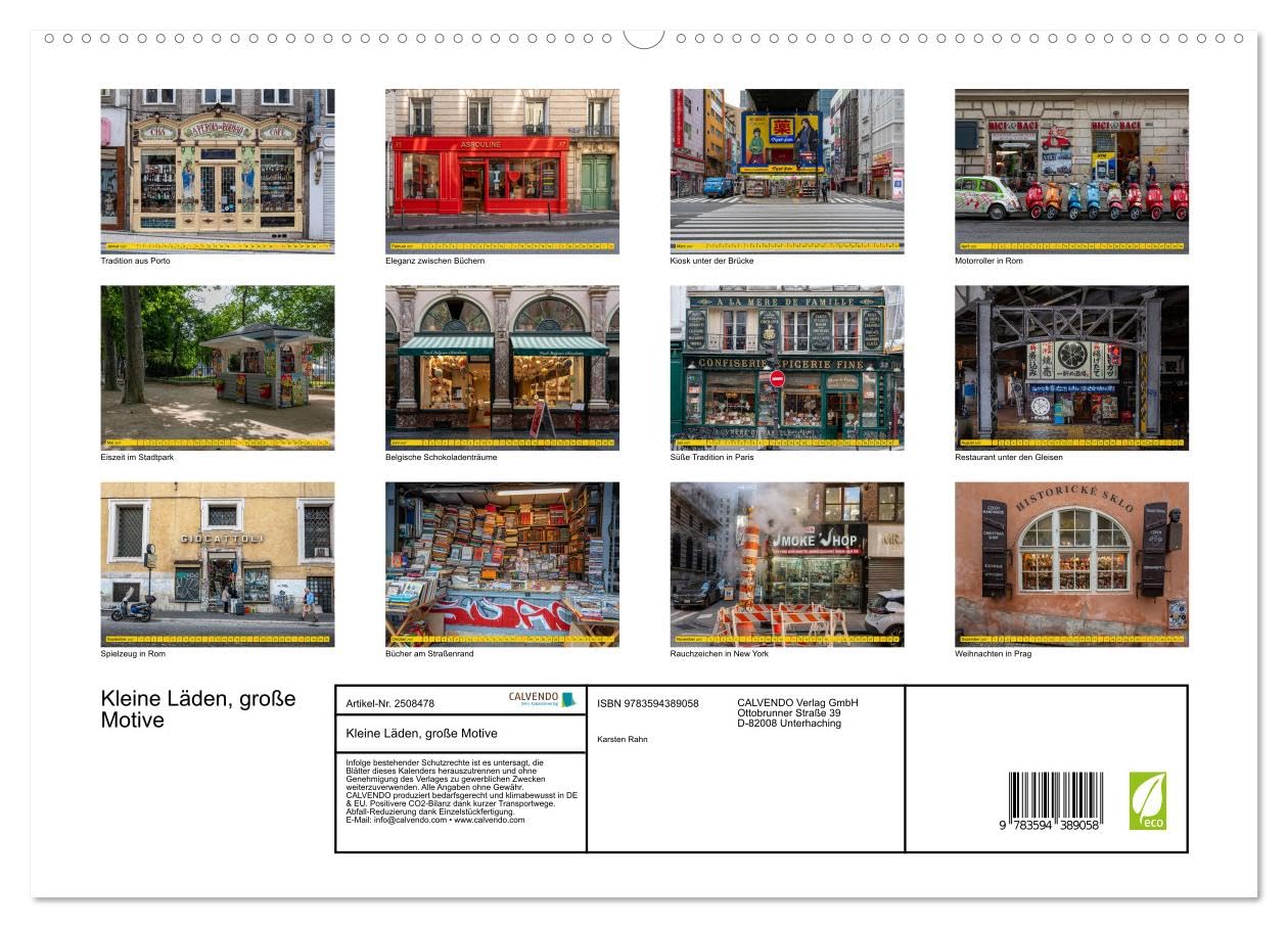 Kalender 2027 · Kleine Läden, große Motive | Besondere Geschäfte, Kioske und Schaufenster aus Rom, Paris, Porto, Brüssel… · DIN A2 quer · CALVENDO Premium Wandkalender