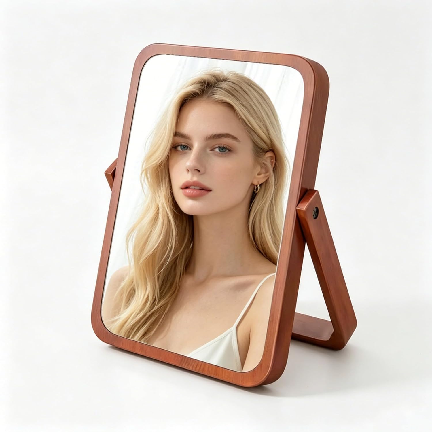 Premium Solid Wood Vanity Mirror, 9.84" x 7.87" Desktop Makeup Mirror with 360° Adjustable Rotation, Portable Wooden Cosmetic Mirror for Bedroom, Bathroom, Travel (Walnut Wood)