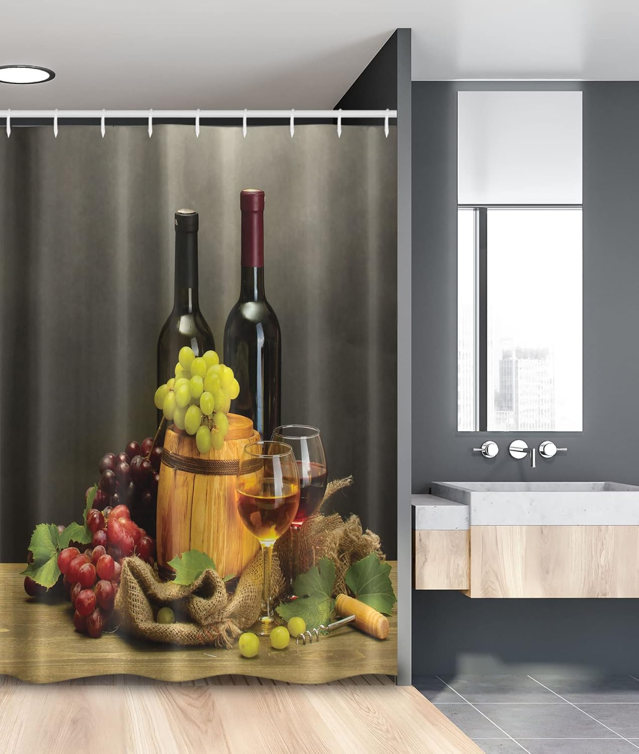 Ambesonne Winery Stall Shower Curtain, Cask Bottles and Glasses of Wine and Ripe Grapes on Wooden Table Picture Print, Fabric Bathroom Decor Set with Hooks, 54" W x 78" L, Charcoal Grey Lime Green