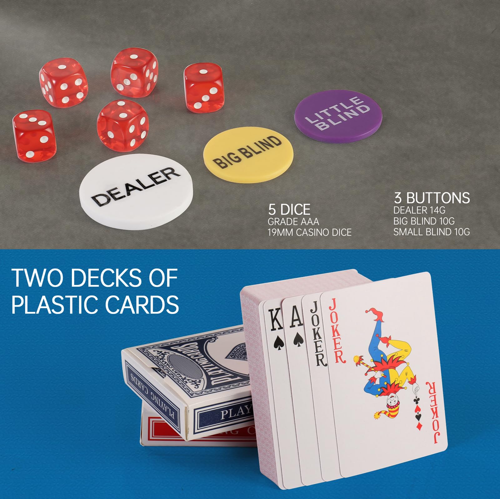 Juego de 500 fichas de póquer para Texas Holdem, Blackjack, torneos con funda de aluminio, 2 barajas de cartas, distribuidor, ciega pequeña, botones ciegos grandes y 5 dados, 11.5 gramos