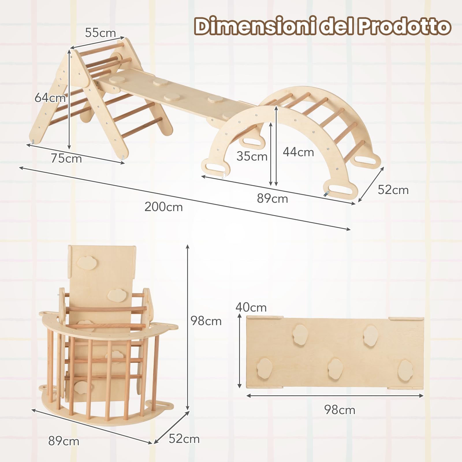 RELAX4LIFE 4 in 1 Triangolo da Arrampicata con Scivolo per Bambini, Arco da Arrampicata e Scala per Arrampicarsi in Legno, Montessori Giocattoli Bimbi 2 3 4 5 Anni