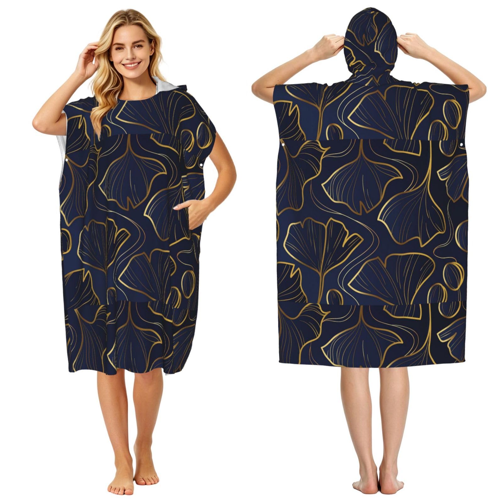 Poadnly Gradient Golden Linear With Ginkgo Biloba Leaves, Adult Hooded Beach Towel 90 x 110 cm,Changing Bath Robe, Surf Poncho Towel For Women Men
