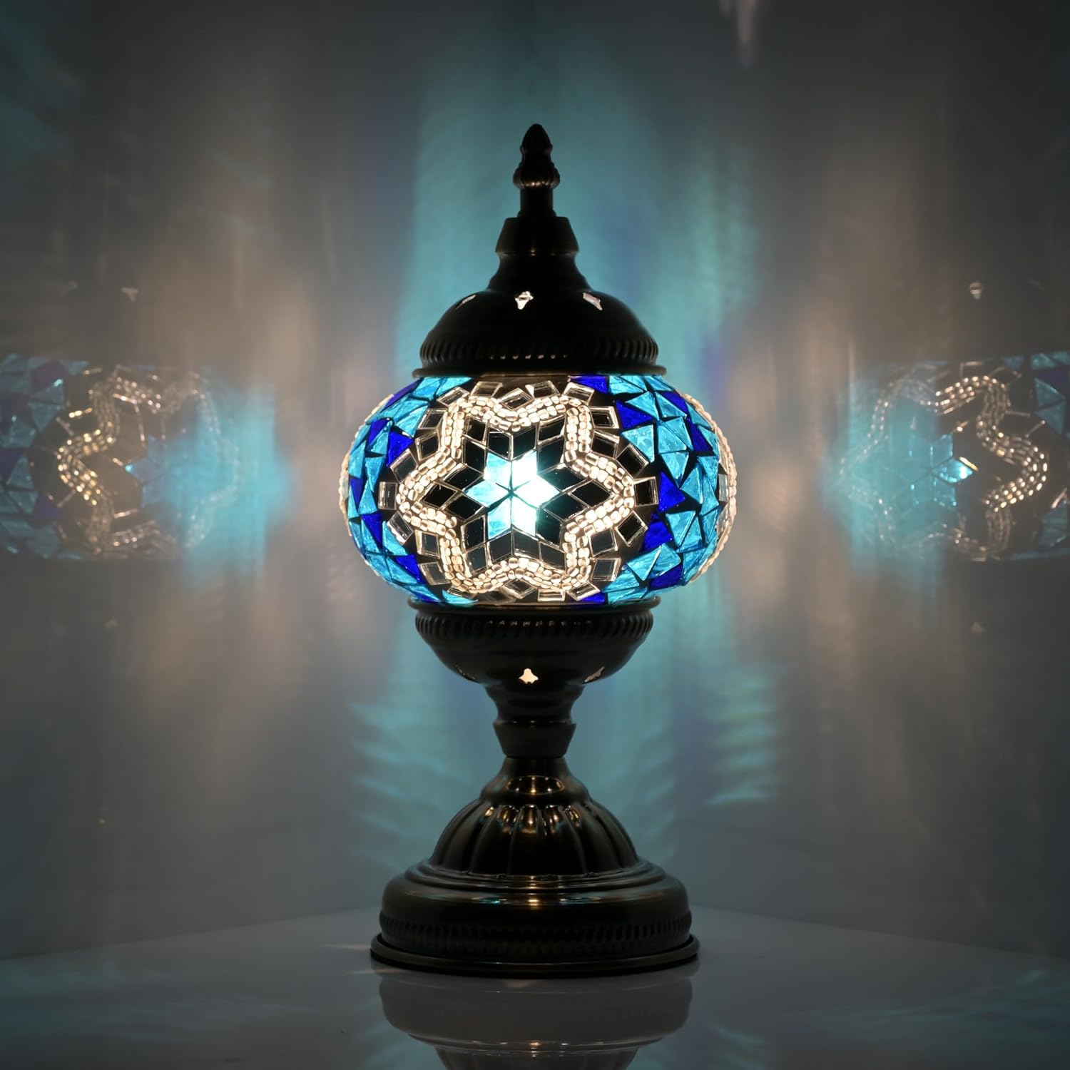 Turkish Moroccan Table Lamp Lantern with Handmade Mosaic Glass Lampshade Tiffany Style Bohemian Stained Glass Decorative Desk Lamps Bedside Night Lights for Bedroom (White 2)