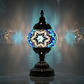 Turkish Moroccan Table Lamp Lantern with Handmade Mosaic Glass Lampshade Tiffany Style Bohemian Stained Glass Decorative Desk Lamps Bedside Night Lights for Bedroom (Blue White)