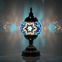 GOGERS Turkish Moroccan Table Lamp Lantern with Handmade Mosaic Glass Lampshade Tiffany Style Bohemian Stained Glass Decorative Desk Lamps Bedside Night Lights for Bedroom (Blue White)