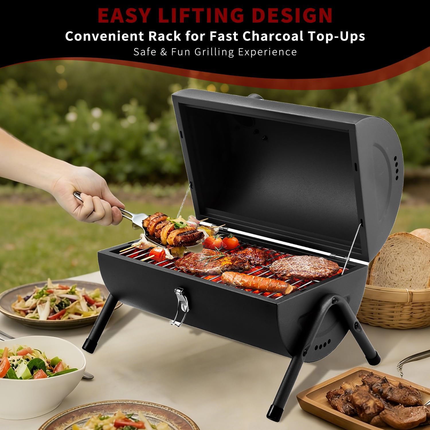 Portable Charcoal Grill, Tabletop Outdoor Barbecue Smoker, Small BBQ Grill for Outdoor Cooking Backyard Camping Picnics Beach by DNKMOR BLACK