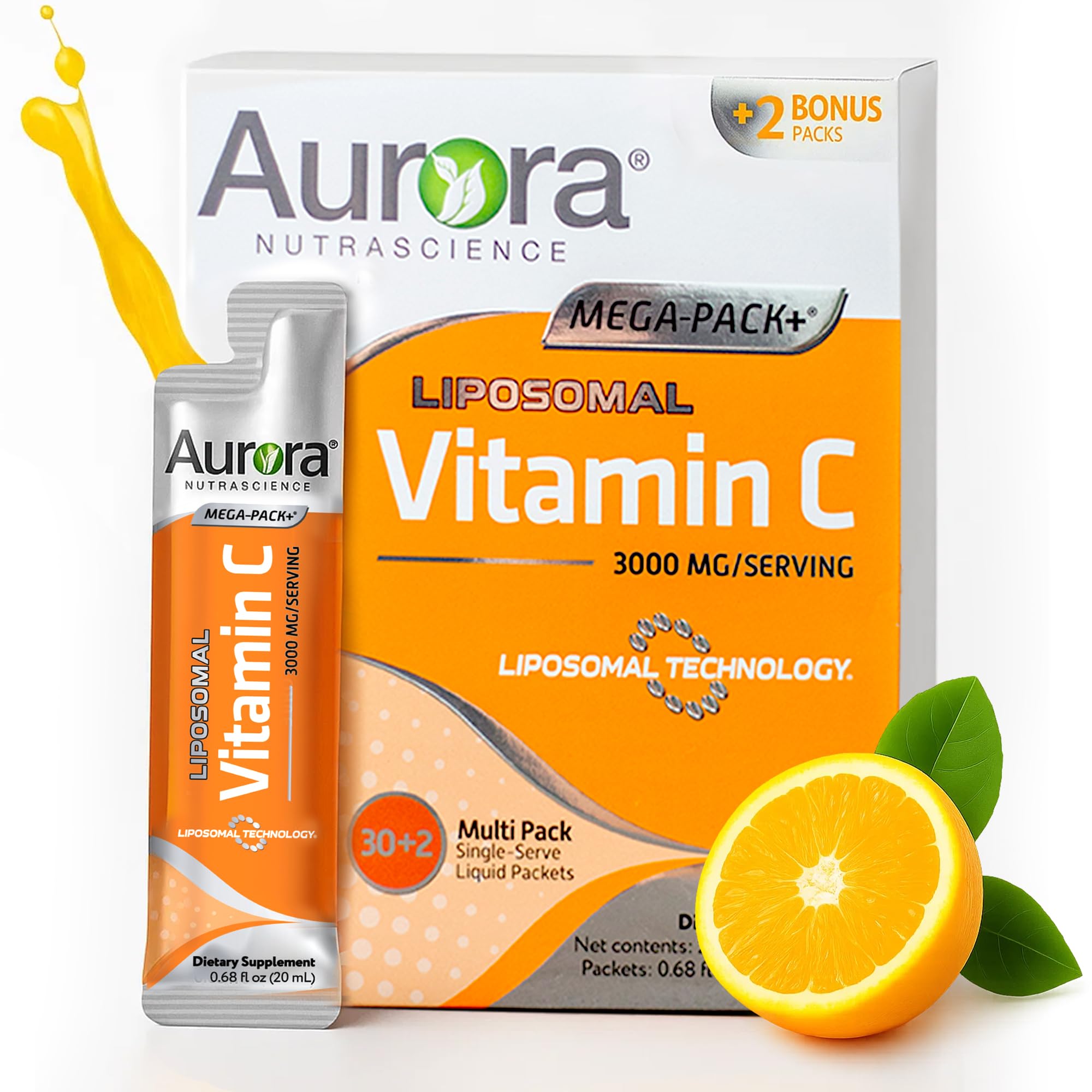 Vida Lifescience Aurora Nutrascience Mega-Pack Liposomal Vitamin C, Immune Support, 3,000 mg per Serving, Vegan, Gluten Free, Non-GMO, 32 Single Serve Packets, Orange