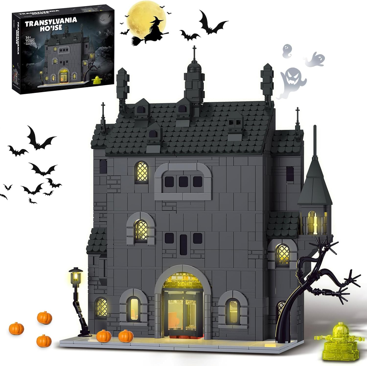 Haunted House Building Set with Lights, Halloween Mansion Building Block Toy Compatible with Lego Adults, Idea for Boys, Girls, Movie Fan Age 14+ (1686 PCS)