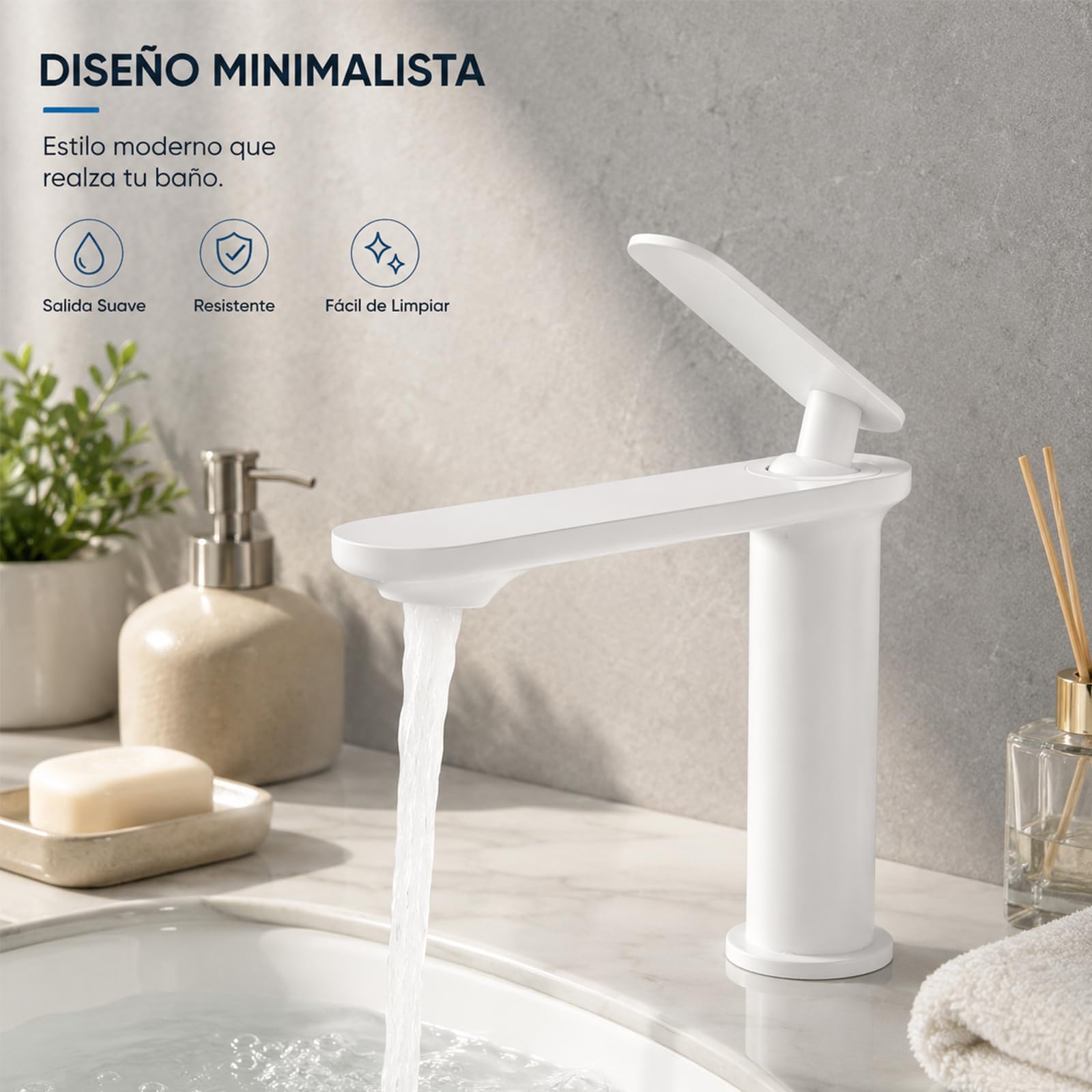 Grifo de Lavabo Blanco Satinado de Acero Inoxidable 304, Diseño Minimalista, Monomando Moderno para Baño, Fácil de Instalar