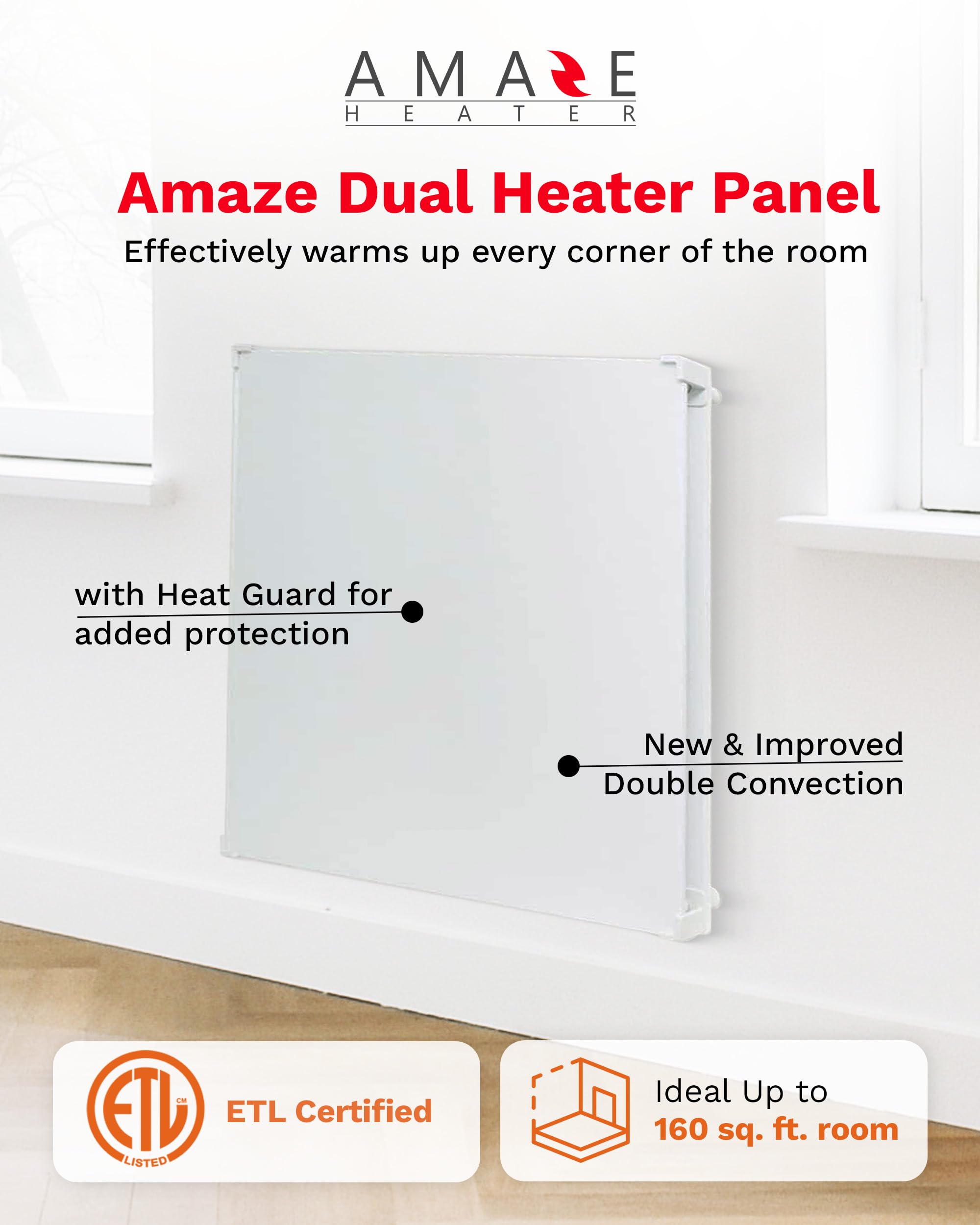 Amaze Heaters Dual 400W Energy Efficient Space Heater w/Heat Guard & Wall Mount Kit - 24?x24? Paintable & Silent Indoor Electric Heater - For Up to 160 sq ft Rooms Such as Bedroom, Bathroom & Garage