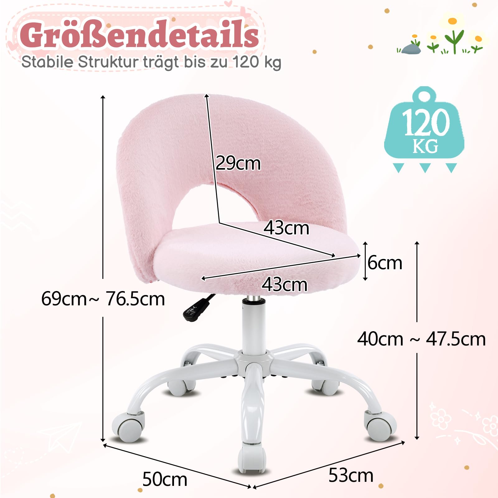 Bonnlo Homeoffice Stuhl, Schreibtischstuhl, Schminktisch Stuhl, Bürostuhl ohne Armlehnen, Drehstuhl mit Rollen, Höhenverstellbar, Homeoffice, Make up (Kunstkaninchenfell, Rosa)