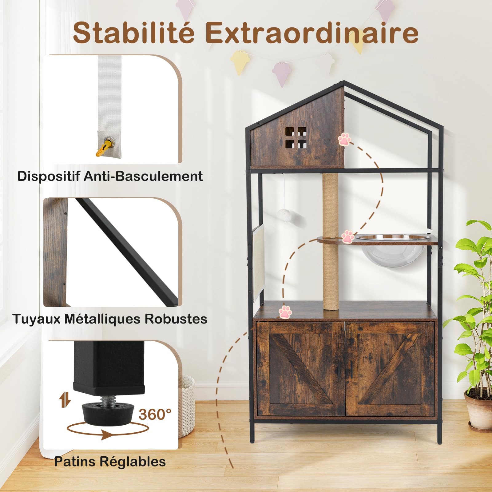 COSTWAY Meuble Litiere Chat, Tapis et Poteaux à Griffer en Sisal, Condo, Capsule, Masion Chat, 3 Trous Ventiles, Coussinets Réglables, Arbre a Chaton avec Litiere Intégrée, 80 x 48 x 150 cm