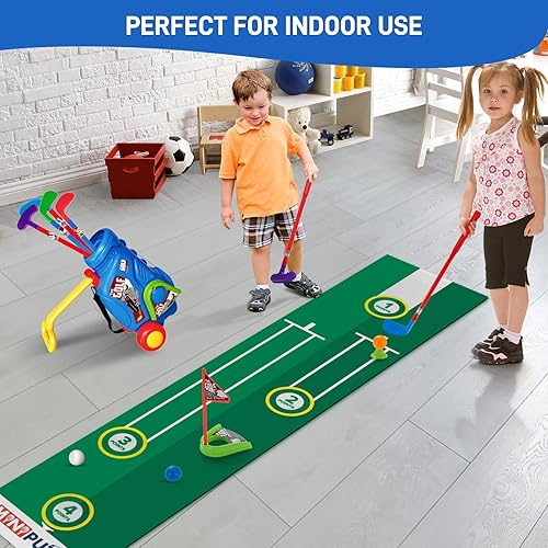 Miniatura 6 de Sukabala Juego de golf para niños pequeños, palos de golf para niños con carrito de golf, tapete de puting, 4 palos, 2 agujeros de práctica, 8