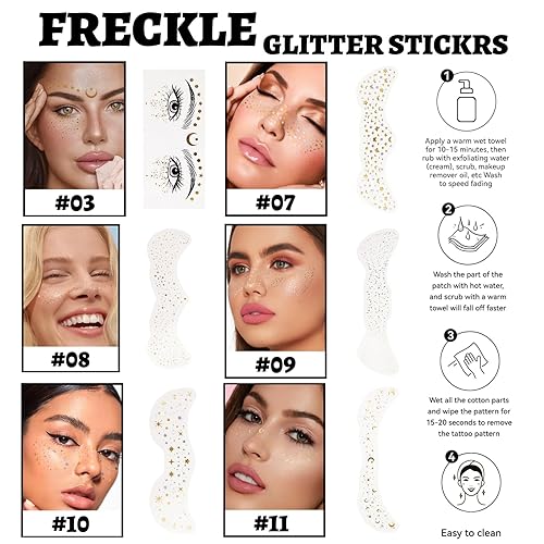 6 Pcs Glitter Freckles Temporary Tattoos - Glitter Tattoos & Star/Butterfly Stickers | Waterproof, Makeup Patches for Women, Festival Accessories (#2, 6pcs)(#3,11pcs)