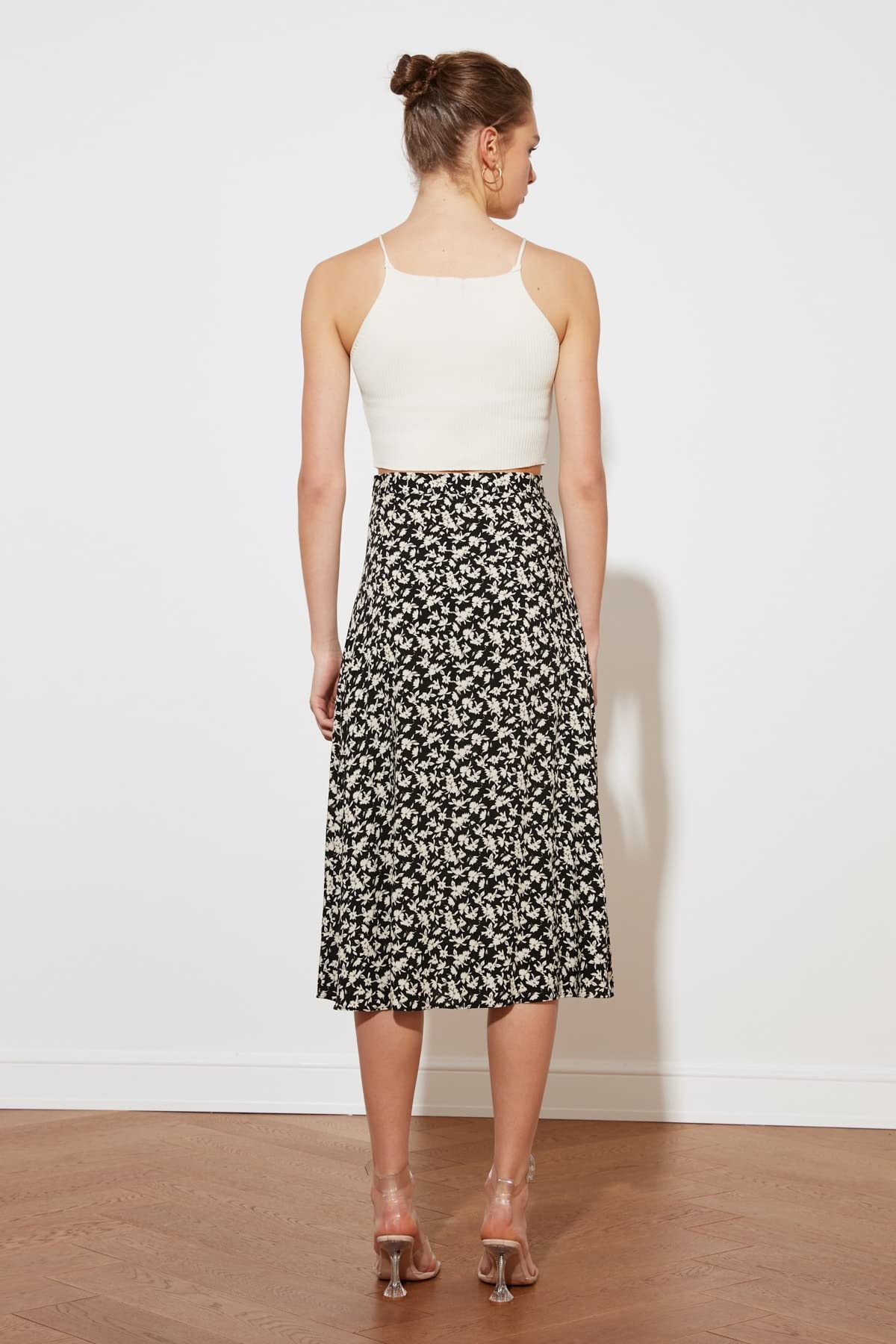 Trendyol Women's Black floral Patterned teardinner Skirt, 40