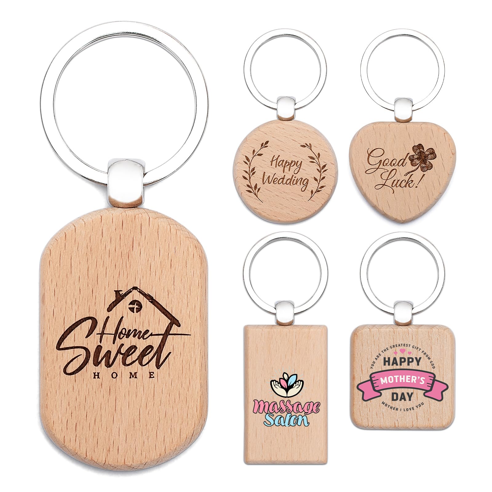 TBKB 1-1000Pcs Custom Wooden Keychain, Personalized Wood Keychains Bulk, Engraved Your LOGO & Text on Double-Sided for School/Class/Family/Company