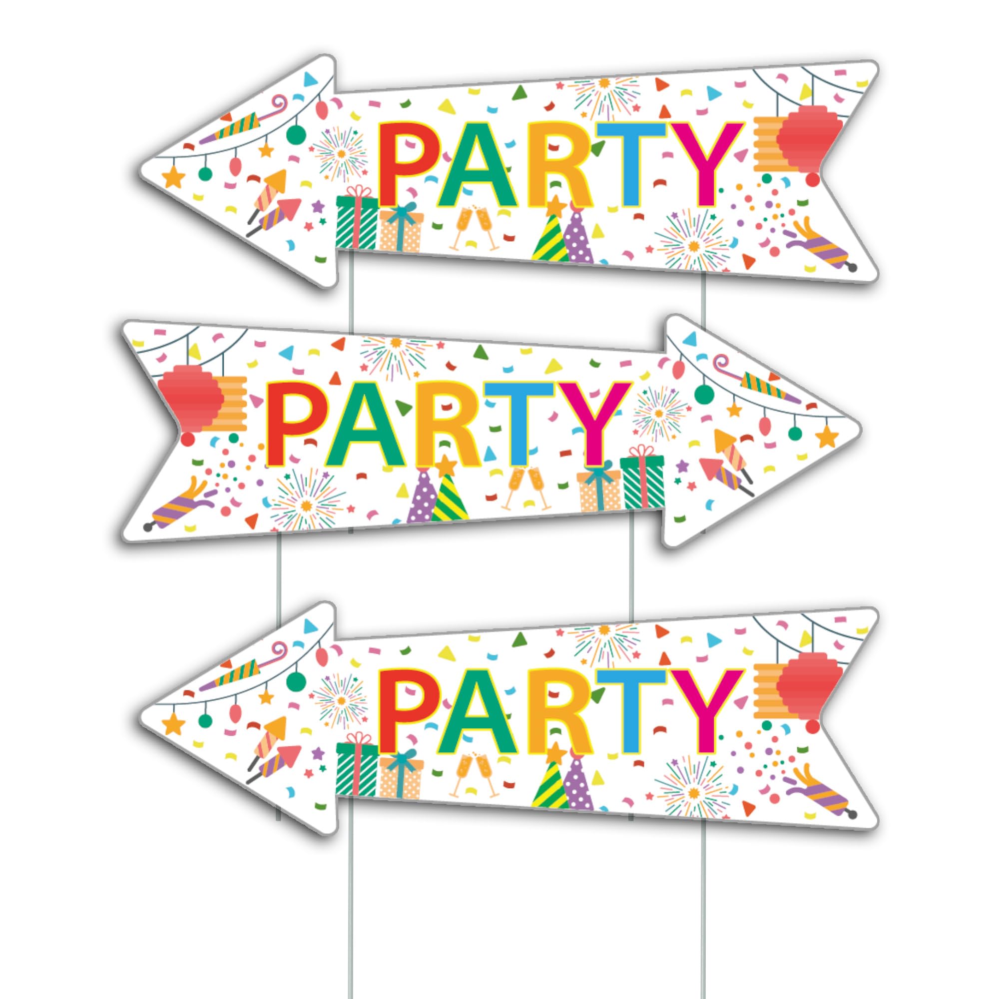 Party Signs with Stakes, 16 Inches by 5 Inches - Double Sided Signs - Corrugated Plastic - Colorful Birthday Party This Way Sign with Arrow for Yard Outdoors. (3)