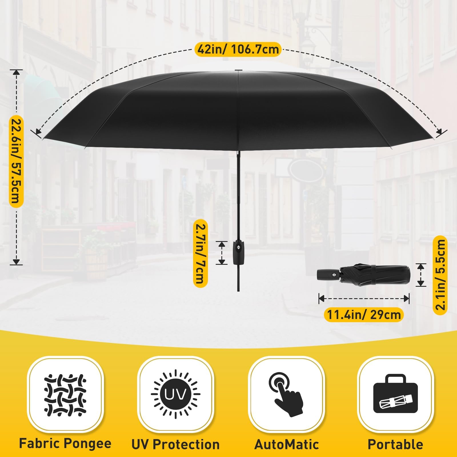 Windproof Travel Umbrella, Compact Umbrella, Car Umbrellas for Rain & Sun, 8 Fiberglass Ribs for Strong UV & Wind Resistance, Portable, Lightweight, Vent, Easy Automatic Open/Close