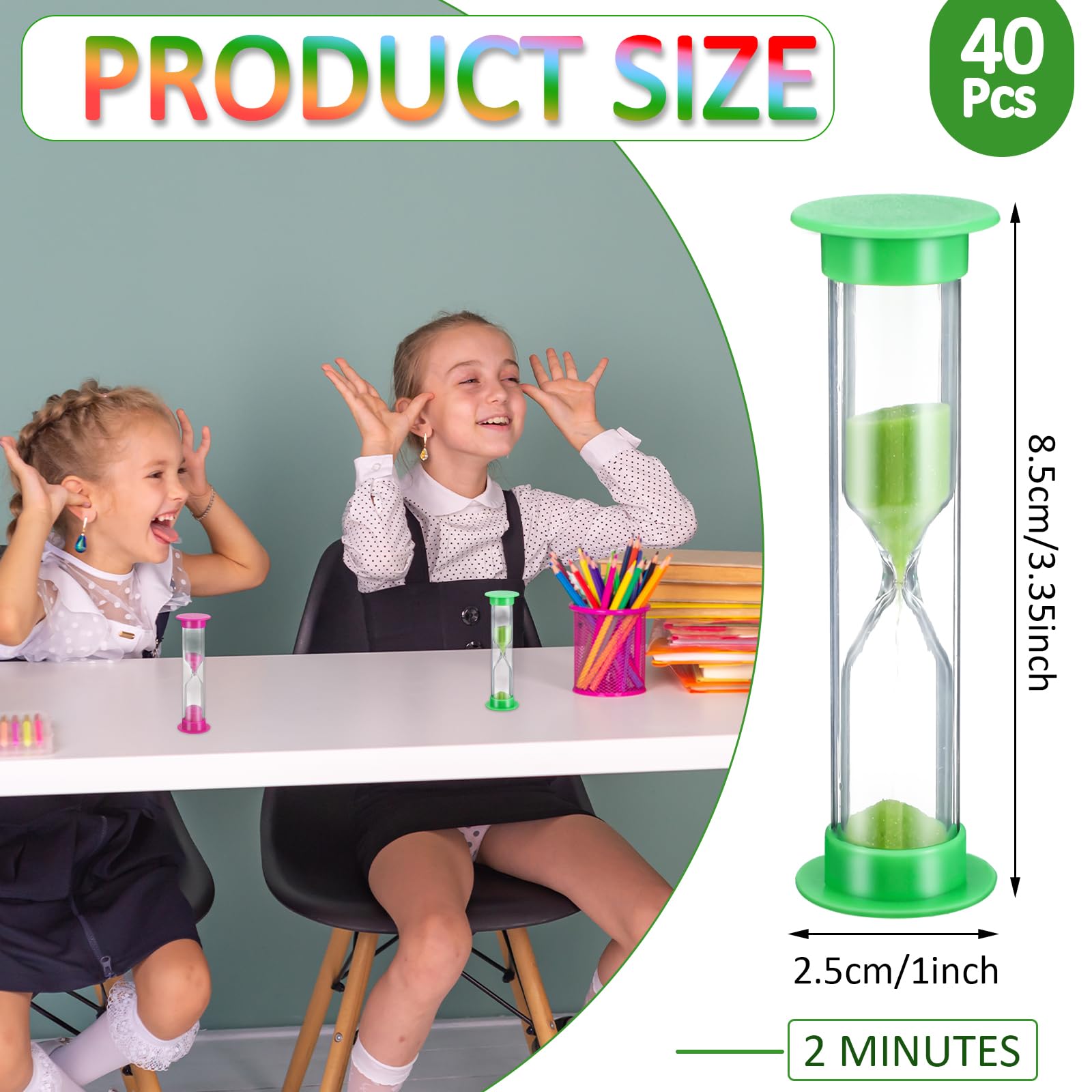 40 timer con sabbia da 2 minuti per bambini, multicolore, in plastica, mini clessidra, per adulti e bambini, in classe, cucina, giochi, ufficio, scuola