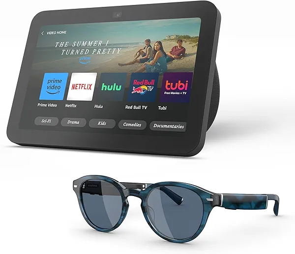 Amazon Echo Frames (newest model) + Echo Show 8 (newest model), Smart Glasses with Alexa, Round frames in Blue Tortoise with polarized sunglass lenses