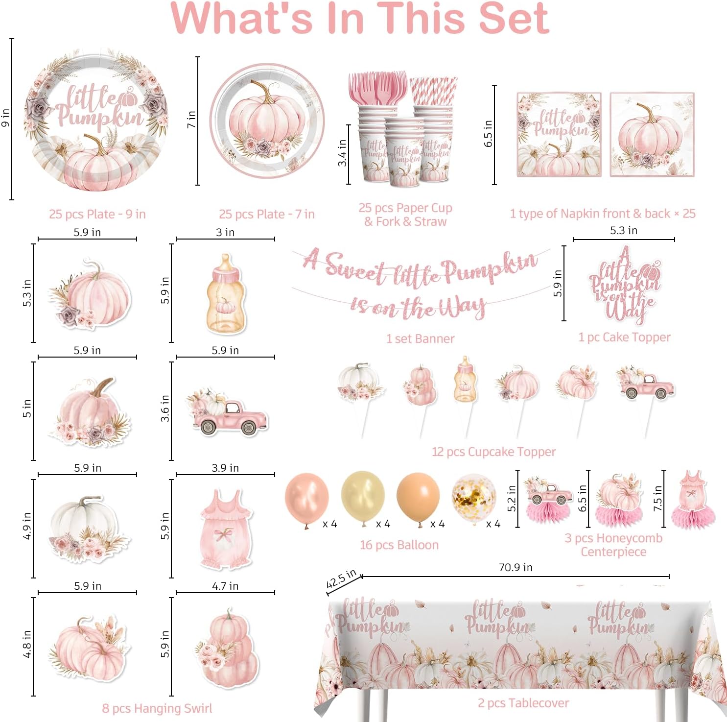 Xynic 193pcs Little Pumpkin Baby Shower Decorations Tableware Complete Party Set, for A Little Pumpkin Is On The Way Baby Shower, Serves 25 Guests, includes Banner Plates Balloons Table cloths, etc