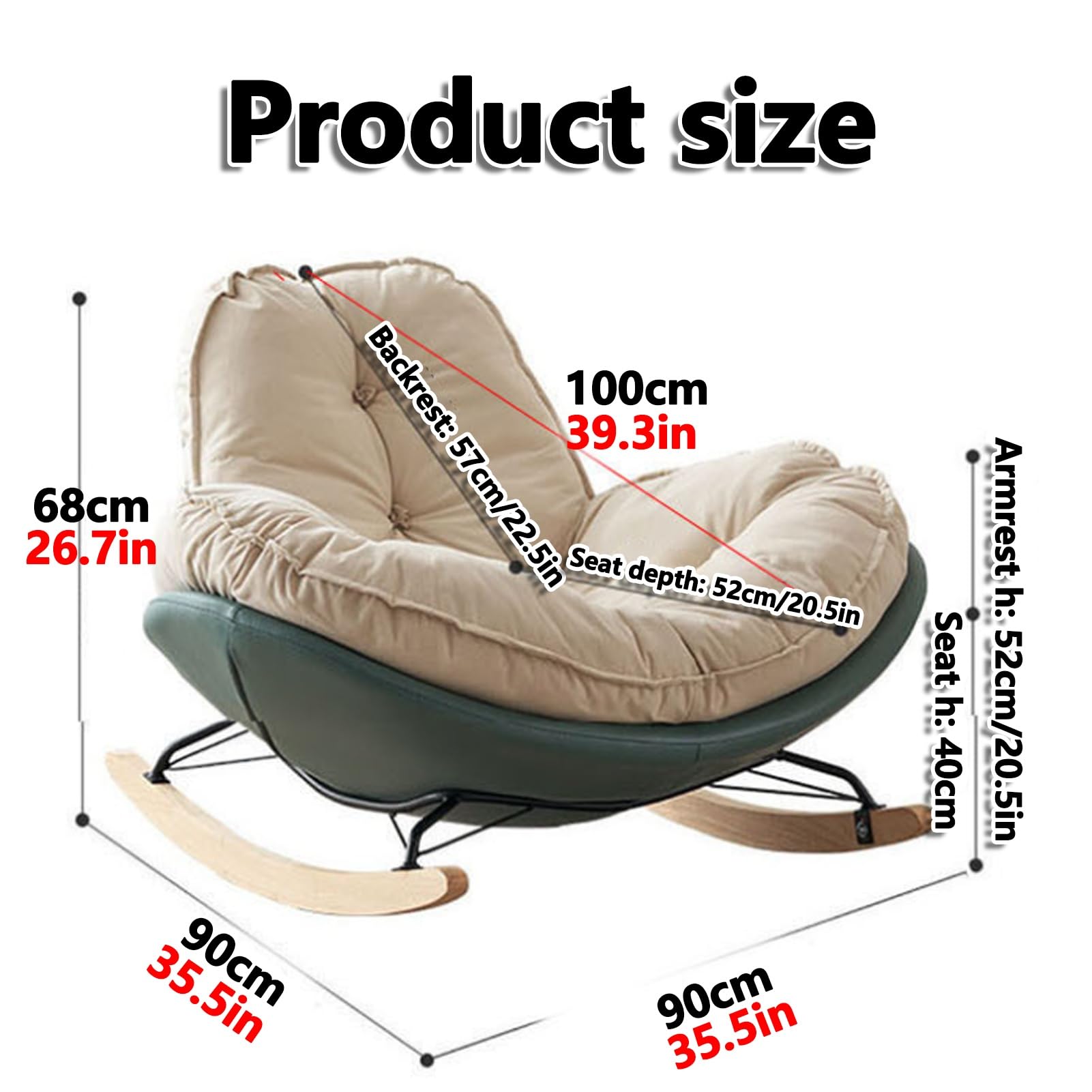Mecedora de patio con cojín acolchado grueso, asiento interior y exterior, ideal para porche delantero, sala de estar, jardín, patio, patas de madera duraderas, relajación cómoda