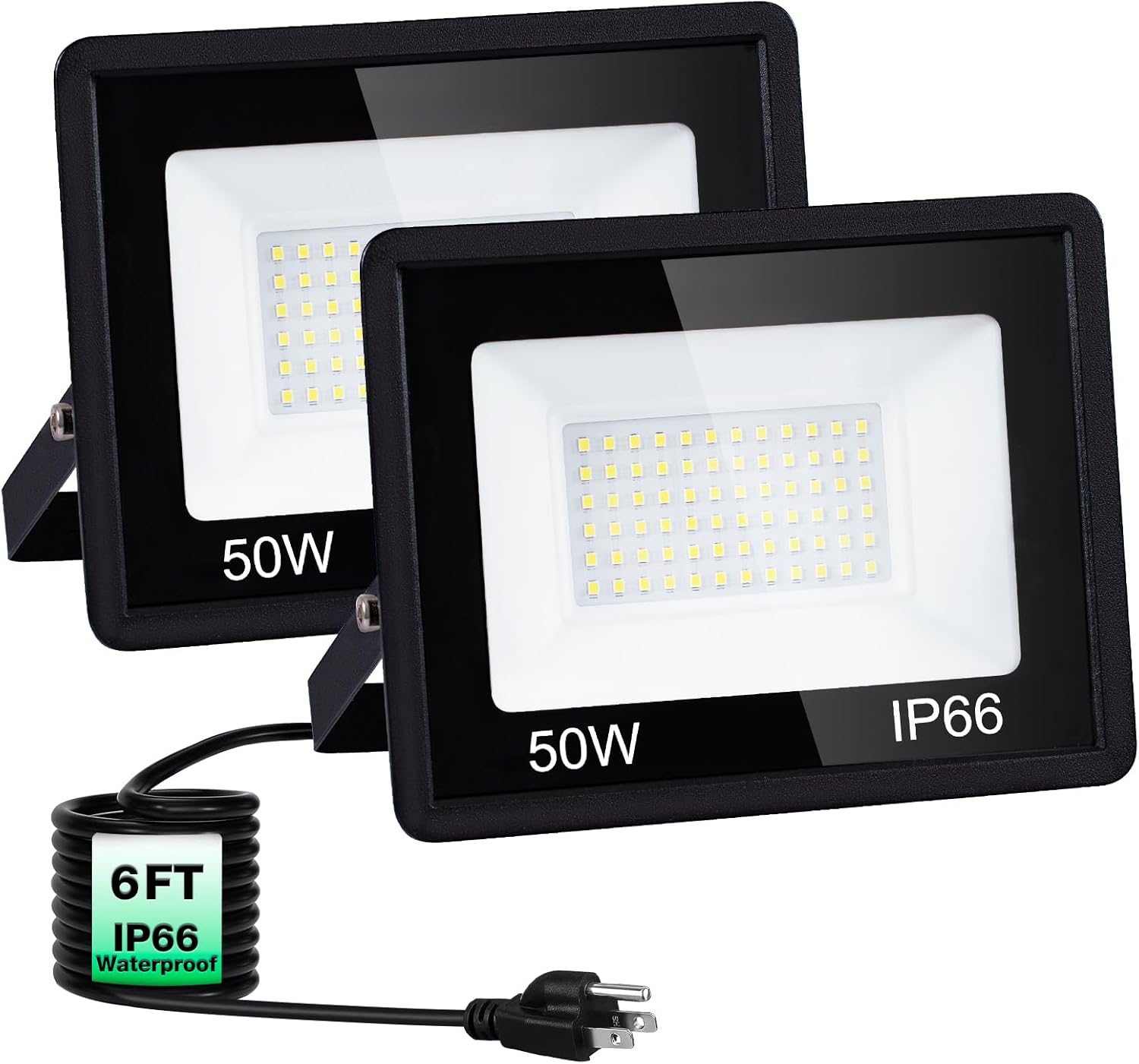 50W LED Flood Light, 6000LM Outdoor Security Lights IP66 Waterproof 6500K Daylight White Plug in Outside Lights for Yard Garage Lawn Garden Backyard Patio Parking Lot with 6FT Cord, 2 Pack