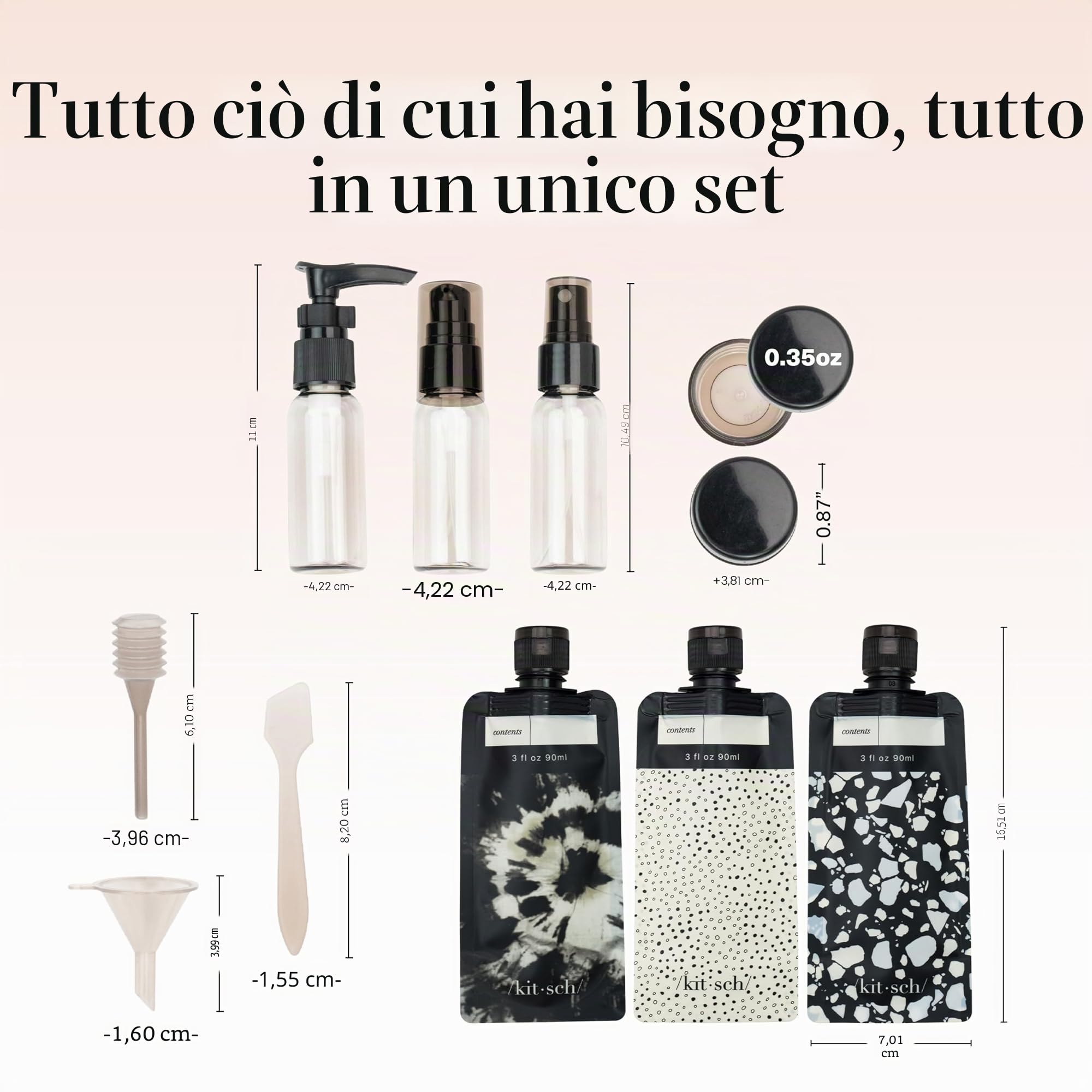 Kitsch Set da Viaggio 11 Pezzi per Toiletries – Kit Essenziale per Shampoo, Balsamo, Lozione e Altro, Contenitori Ricaricabili da Viaggio a Prova di Perdite – Nero & Avorio