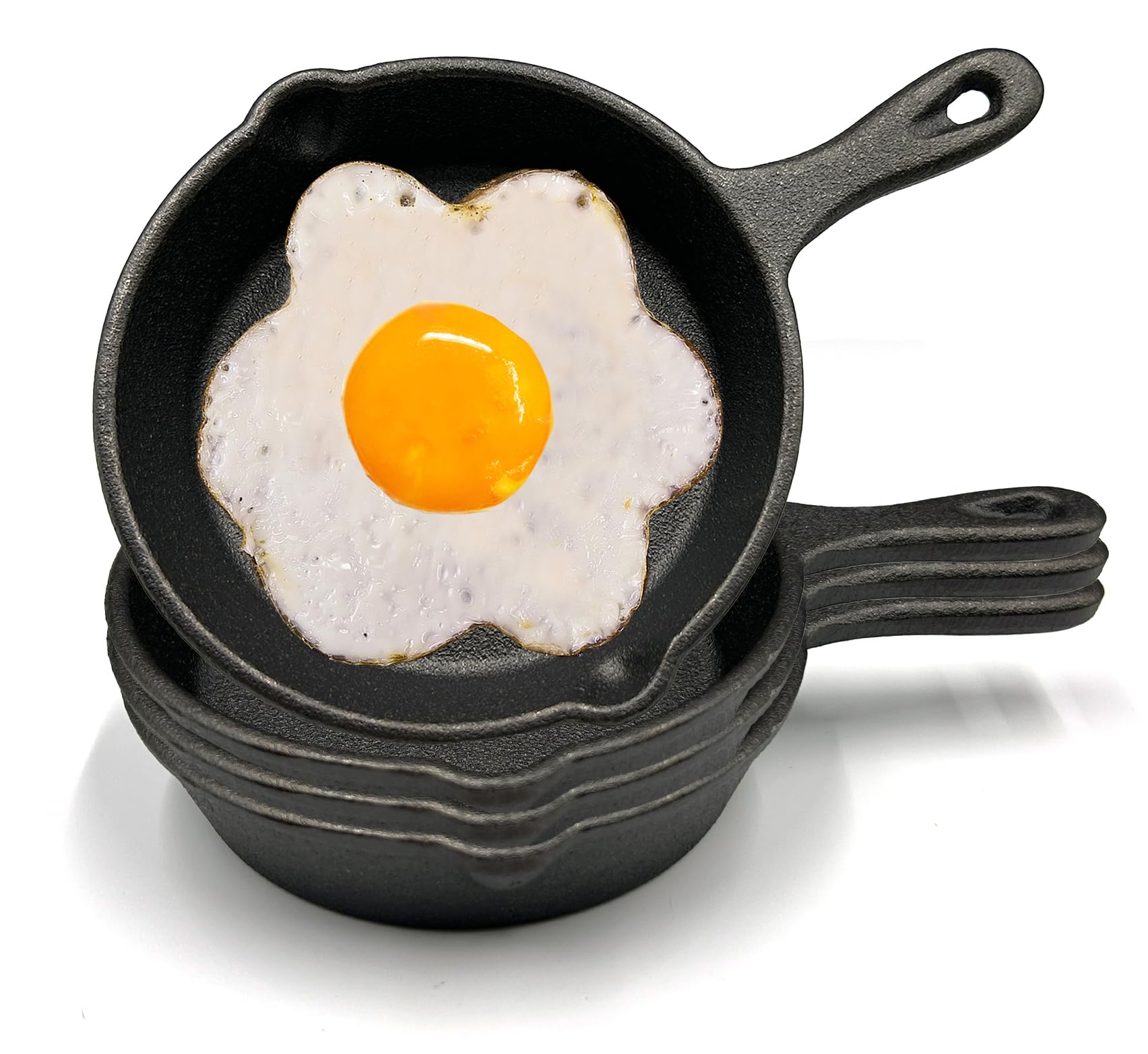 Nexboraque 4 Pcs Small Cast Iron Skillet with Double Drip Spouts, 4 Inch Mini Egg Frying Pan with Handle for Oven, Grill, Stovetop, Campfire, Indoors,