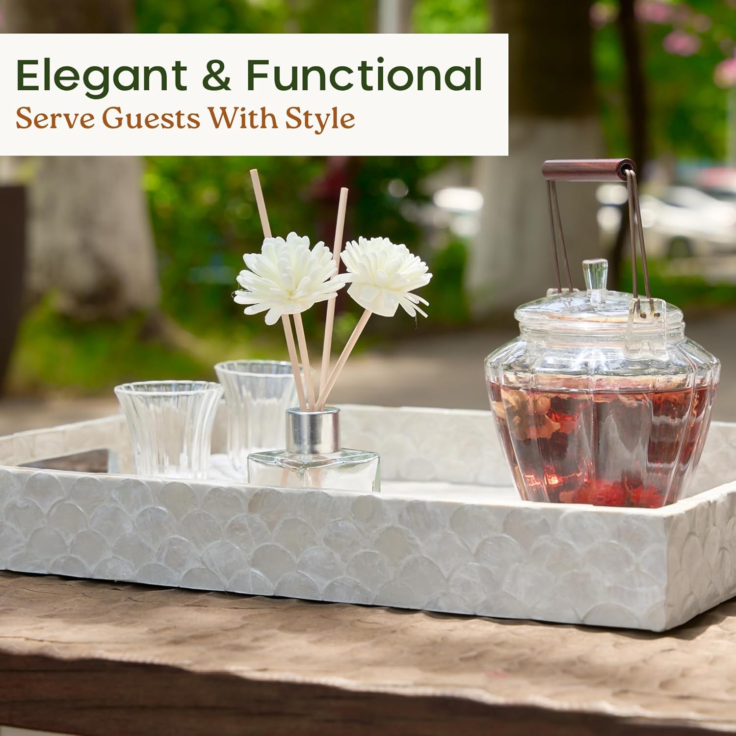 Capiz Decorative Tray 15.8” x 11.8” x 1.8" Rectangular Tray, Natural Handmade Serving Tray with Handles for Coffee Tables, Ottoman, Vanity, Kitchen, Coastal Boho Home Decor, White - Image 5