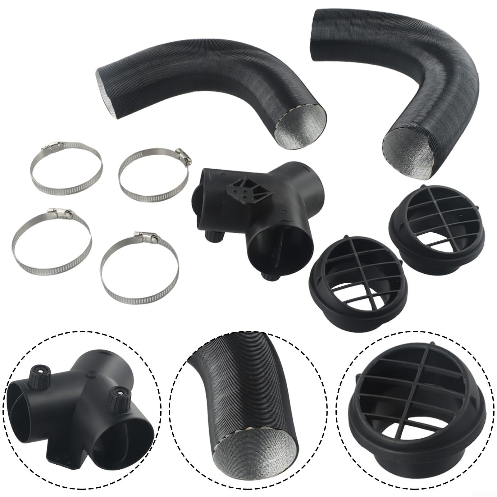Branche en Y pour conduit d'air chaud en feuille d'aluminium de 60 mm, avec sortie d'aération en plastique et colliers de serrage chromés, pour Eberspacher, pour Webasto