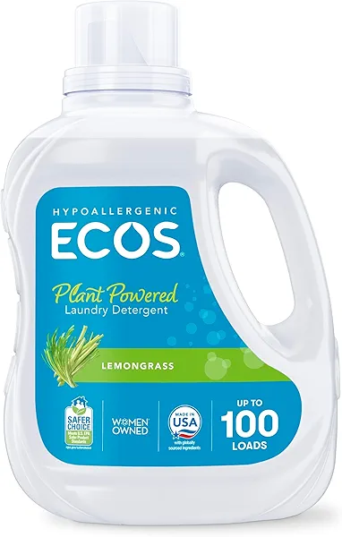 ECOS Laundry Detergent Liquid, 100 Loads - Dermatologist Tested Laundry Soap - Hypoallergenic, EPA Safer Choice Certified, Plant-Powered - Lemongrass, 100 Fl Oz